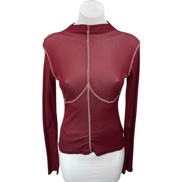 Atoir Women's Red Mock Neck Patchwork Sheer Mesh Stretch Long Sleeve Top Size M - Picture 1 of 4